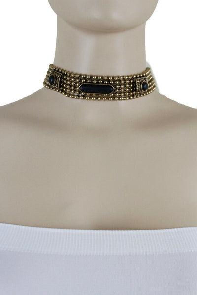 Antique Gold Metal Choker Necklace Black Beads + Earrings New Women Fashion Accessories Jewelry