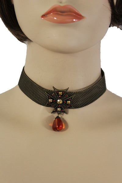 Mesh Metal Chains Choker Necklace Cross Charm Pendant Big Red Stone Bead New Women Accessories