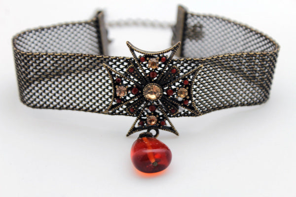 Mesh Metal Chains Choker Necklace Cross Charm Pendant Big Red Stone Bead New Women Accessories