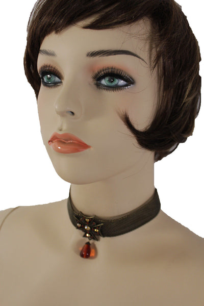 Mesh Metal Chains Choker Necklace Cross Charm Pendant Big Red Stone Bead New Women Accessories