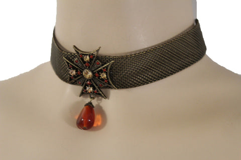 Mesh Metal Chains Choker Necklace Cross Charm Pendant Big Red Stone Bead New Women Accessories
