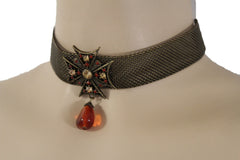 Mesh Metal Chains Choker Necklace Cross Charm Pendant Big Red Stone Bead