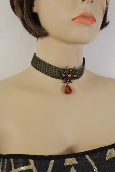 Mesh Metal Chains Choker Necklace Cross Charm Pendant Big Red Stone Bead New Women Accessories