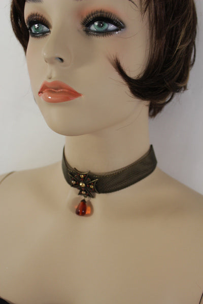 Mesh Metal Chains Choker Necklace Cross Charm Pendant Big Red Stone Bead New Women Accessories