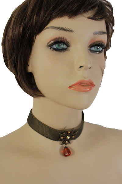 Mesh Metal Chains Choker Necklace Cross Charm Pendant Big Red Stone Bead New Women Accessories