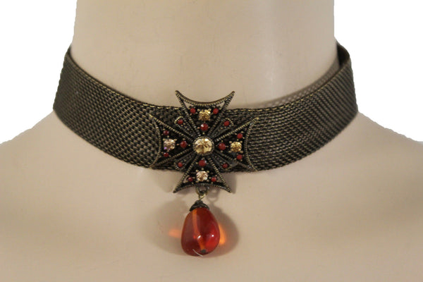 Mesh Metal Chains Choker Necklace Cross Charm Pendant Big Red Stone Bead New Women Accessories