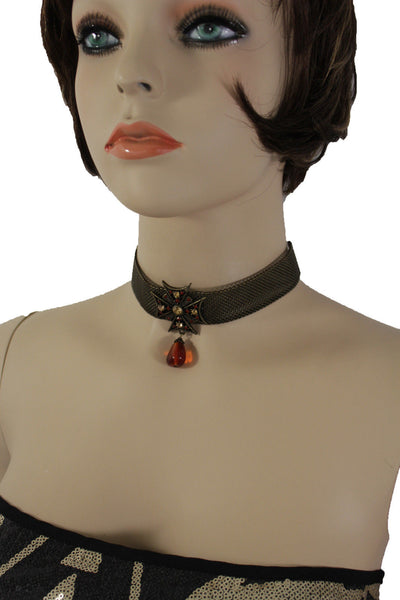 Mesh Metal Chains Choker Necklace Cross Charm Pendant Big Red Stone Bead New Women Accessories