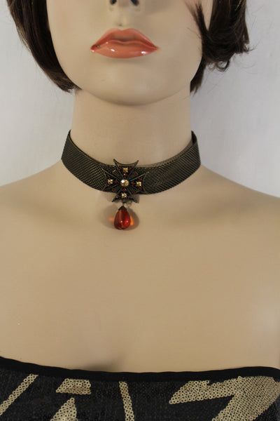 Mesh Metal Chains Choker Necklace Cross Charm Pendant Big Red Stone Bead New Women Accessories
