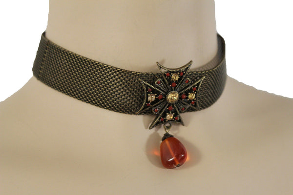 Mesh Metal Chains Choker Necklace Cross Charm Pendant Big Red Stone Bead New Women Accessories
