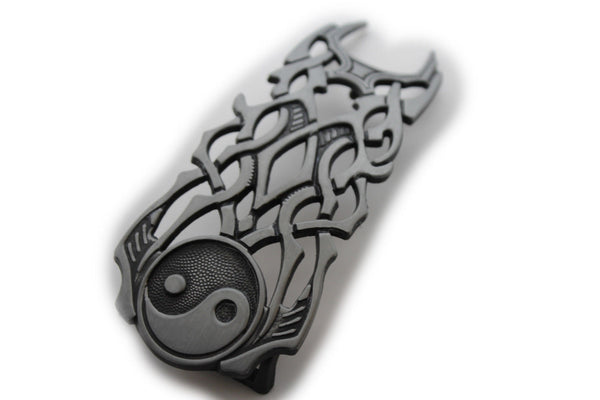 Antique Silver Yeng Yang Symbol Sign Tribal Fire Flame Long Belt Buckle Men Accessories
