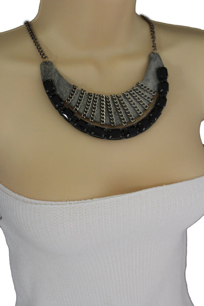 Antique Silver Metal Chain Black Bead Vintage Necklace New Women Fashion Jewelry Accessories