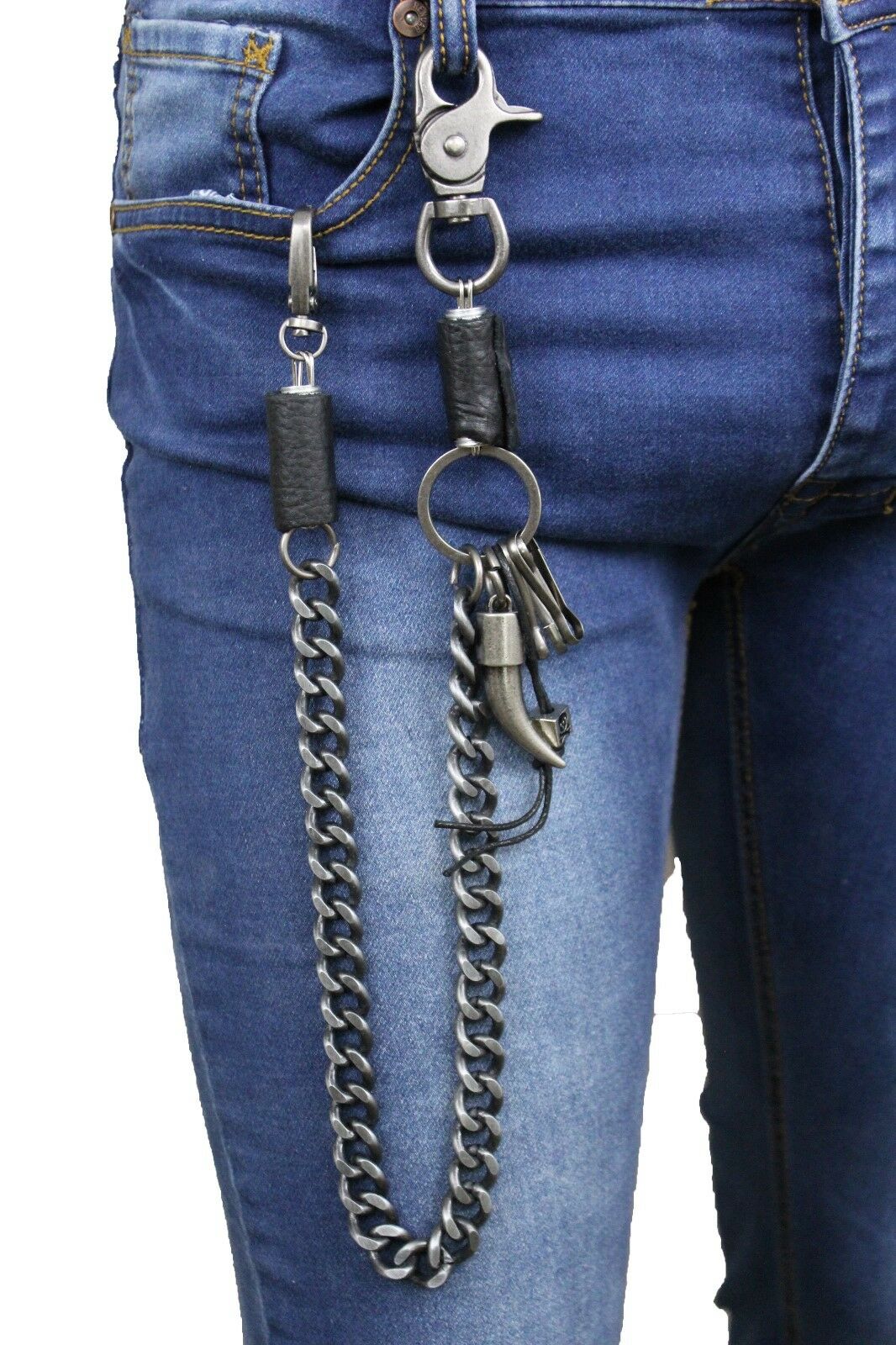 Men Long Metal Wallet Chain Pewter Gunmetal Jeans Big Strong Spike Charm  Biker Accessory