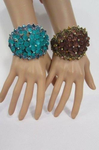 Silver Aqua Blue / Gold Brown Metal Bracelet Cuff  Flowers Beads Balls Women Fashion Jewelry Accessories - alwaystyle4you - 1