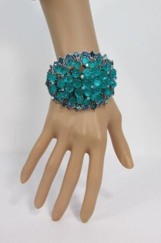 Silver Aqua Blue / Gold Brown Metal Bracelet Cuff  Flowers Beads Balls New Women Fashion Jewelry Accessories - alwaystyle4you - 6