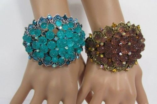 Silver Aqua Blue / Gold Brown Metal Bracelet Cuff  Flowers Beads Balls New Women Fashion Jewelry Accessories - alwaystyle4you - 17