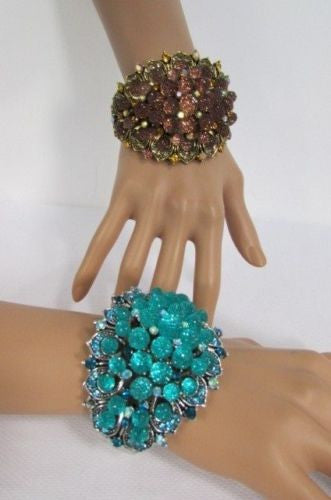 Silver Aqua Blue / Gold Brown Metal Bracelet Cuff  Flowers Beads Balls New Women Fashion Jewelry Accessories - alwaystyle4you - 2