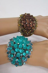 Silver Aqua Blue / Gold Brown Metal Bracelet Cuff  Flowers Beads Balls New Women Fashion Jewelry Accessories - alwaystyle4you - 4