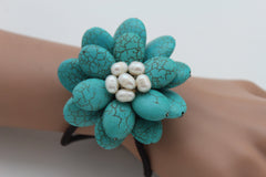 Baby Blue / White + Red / Red + White Cuff Band Bracelet Beads Flower Charm Elastic New Women Fashion Jewelry Accessories - alwaystyle4you - 4