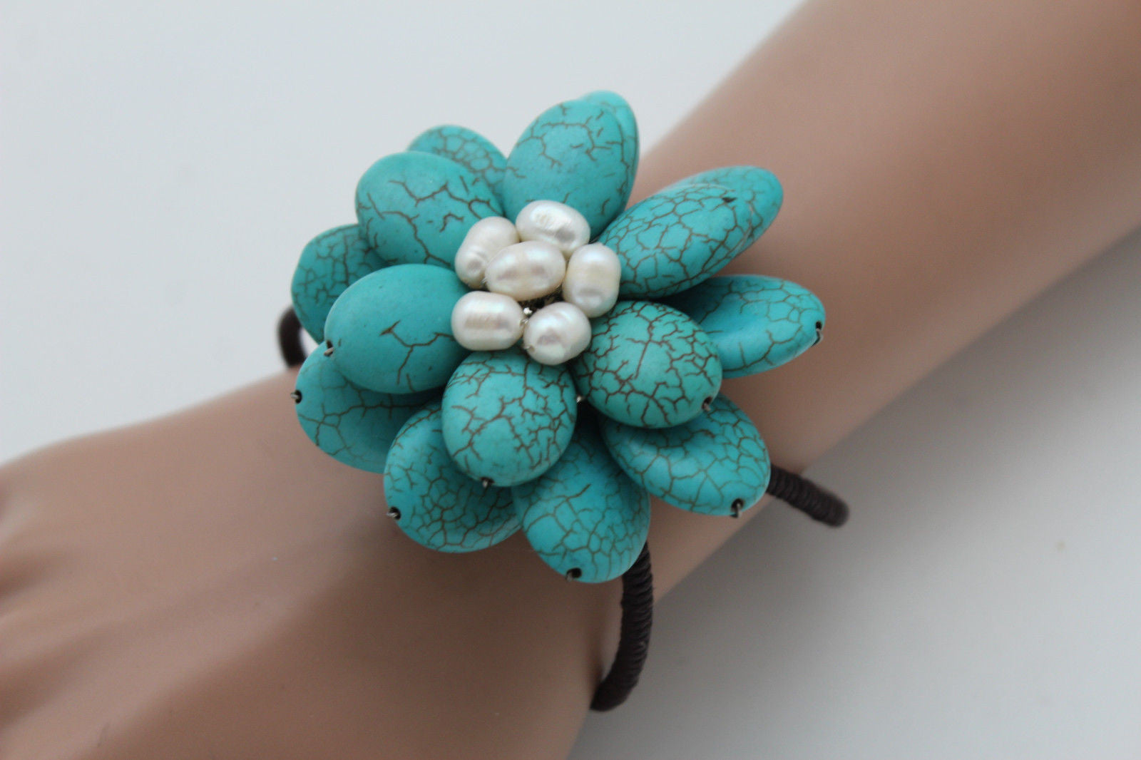 Baby Blue / White + Red / Red + White Cuff Band Bracelet Beads Flower Charm Elastic Women Fashion Jewelry Accessories - alwaystyle4you - 1