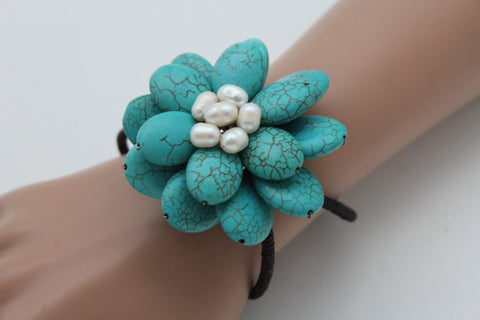 Baby Blue / White + Red / Red + White Cuff Band Bracelet Beads Flower Charm Elastic New Women Fashion Jewelry Accessories - alwaystyle4you - 1