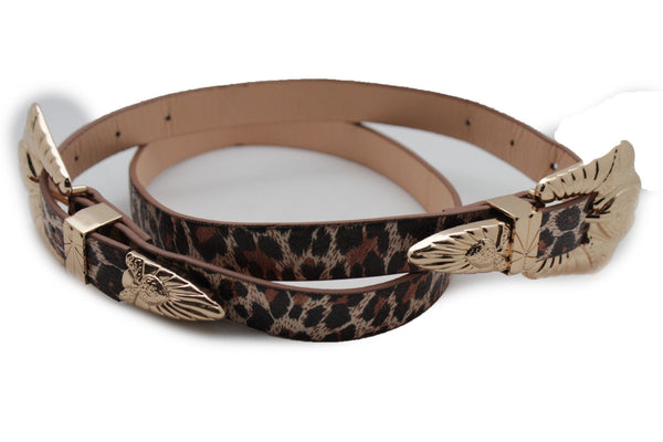 Beige Brown Black Animal Print Faux Leather Western Style Belt Double Gold Metal Buckles New Women Fashion Accessories S M - alwaystyle4you - 7