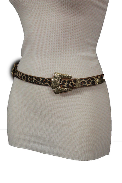 Beige Brown Black Animal Print Faux Leather Western Style Belt Double Gold Metal Buckles New Women Fashion Accessories S M - alwaystyle4you - 9