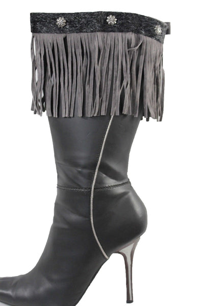 Fabric Long Faux Suede Leather Fringes Knee High Winter Boot Toppers Women Accessories