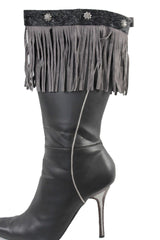 Fabric Long Faux Suede Leather Fringes Knee High Winter Boot Toppers