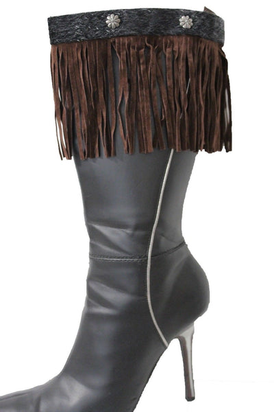 Fabric Long Faux Suede Leather Fringes Knee High Winter Boot Toppers Women Accessories