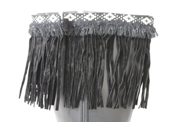 Black Beige Brown Gray Fringe Knee High Winter Boots Toppers White Cross Women Accessories