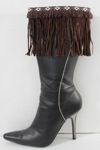 Black Beige Brown Gray Fringe Knee High Winter Boots Toppers White Cross Women Accessories