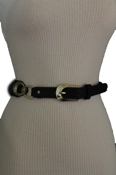 Beige Black Faux Leather Narrow Belt Gold Metal Buckle Hardware New Women Fashion Accessories M L - alwaystyle4you - 15