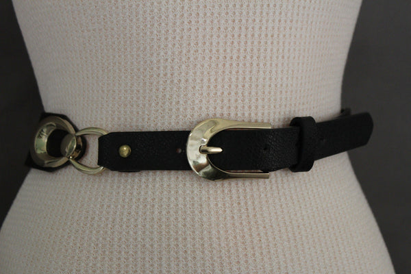 Beige Black Faux Leather Narrow Belt Gold Metal Buckle Hardware New Women Fashion Accessories M L - alwaystyle4you - 16
