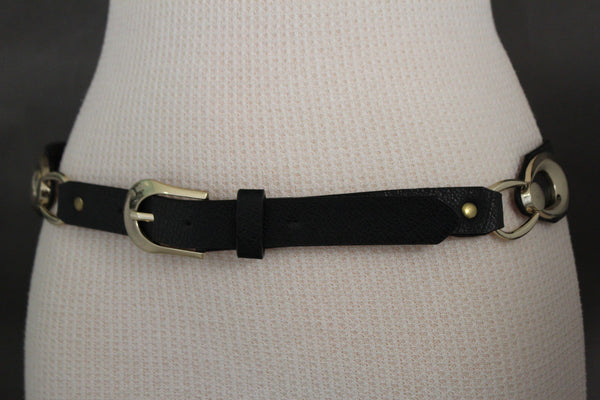 Beige Black Faux Leather Narrow Belt Gold Metal Buckle Hardware New Women Fashion Accessories M L - alwaystyle4you - 18