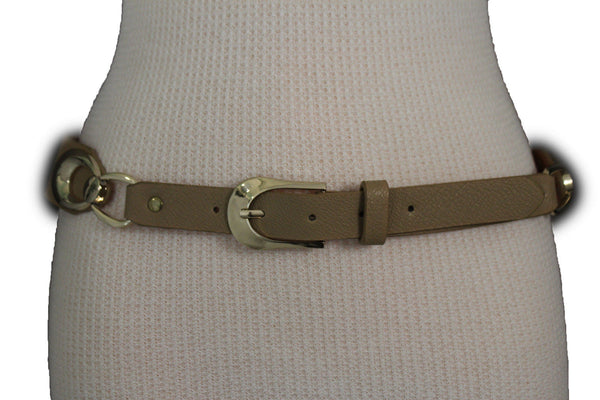 Beige Black Faux Leather Narrow Belt Gold Metal Buckle Hardware New Women Fashion Accessories M L - alwaystyle4you - 20