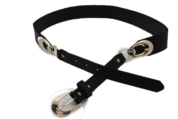 Beige Black Faux Leather Narrow Belt Gold Metal Buckle Hardware New Women Fashion Accessories M L - alwaystyle4you - 12