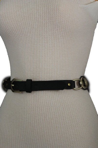 Beige Black Faux Leather Narrow Belt Gold Metal Buckle Hardware New Women Fashion Accessories M L - alwaystyle4you - 13