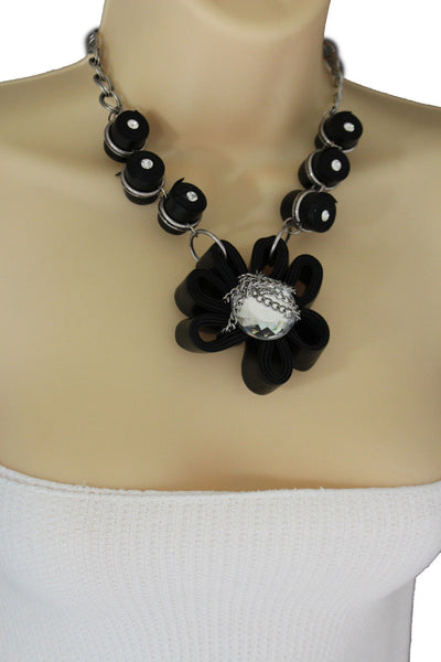Black Big Fabric Flower Multi Circle Beads Earring Silver Chain Necklace New Women Fashion Jewelry Accessories