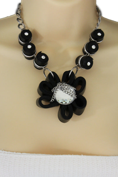Black Big Fabric Flower Multi Circle Beads Earring Silver Chain Necklace New Women Fashion Jewelry Accessories