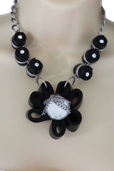 Black Big Fabric Flower Multi Circle Beads Earring Silver Chain Necklace Women