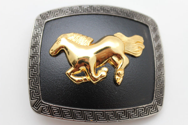 Men Western Belt Buckle Silver Metal Square Trendy Gold Rodeo Horse Black Faux Leather One Size