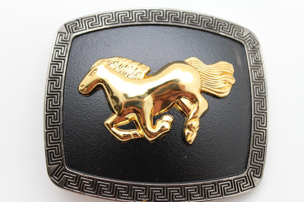 Men Western Belt Buckle Silver Metal Square Trendy Gold Rodeo Horse Black Faux Leather One Size