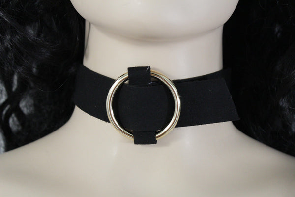 Olive Green Black Dark Red Brown Gray Leather Fabric Choker Necklace Ring Women Accessories