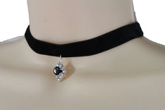Black Faux Suede Thin Strap Narrow Charm Choker Necklace Jewelry Accessories