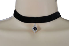 Black Faux Suede Thin Strap Narrow Charm Choker Necklace Jewelry Accessories