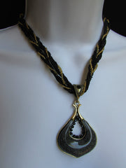 Multi Beas Chain Big Black Glass Drop Rhinestones Pendant 10" Strands Necklace