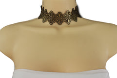 Black Gold Metallic Lace Fabric Wide Band Choker Necklace