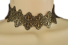 Black Gold Metallic Lace Fabric Wide Band Choker Necklace