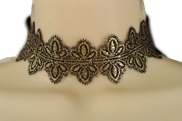 Black Gold Metallic Lace Fabric Wide Band Choker Necklace New Women Fashion Accessories
