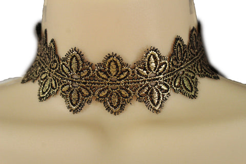 Black Gold Metallic Lace Fabric Wide Band Choker Necklace New Women Fashion Accessories